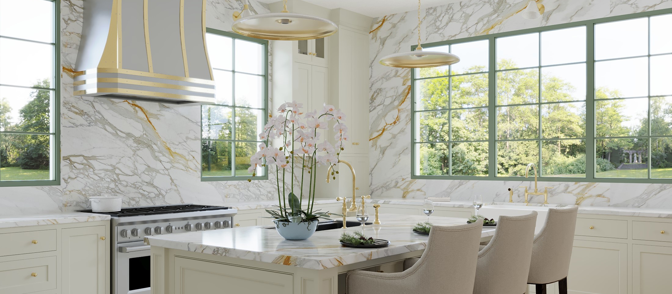 modern farmhouse kitchen with sleek, minimalist design and accents of warm color